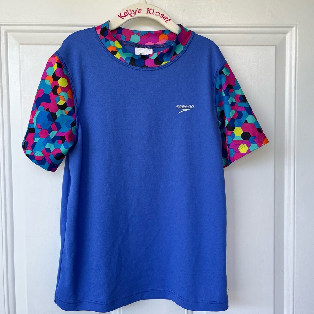 •Speedo• Girl’s Short Sleeve Rash Guard Multi Colored - Size Medium (10)